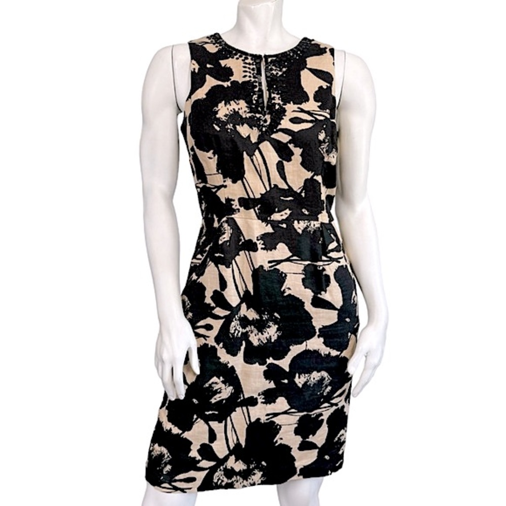 ST TROPEZ WEST Blscl Tan Floral Linen Crystal Bead Sleeveless Sheath Mini Dress
